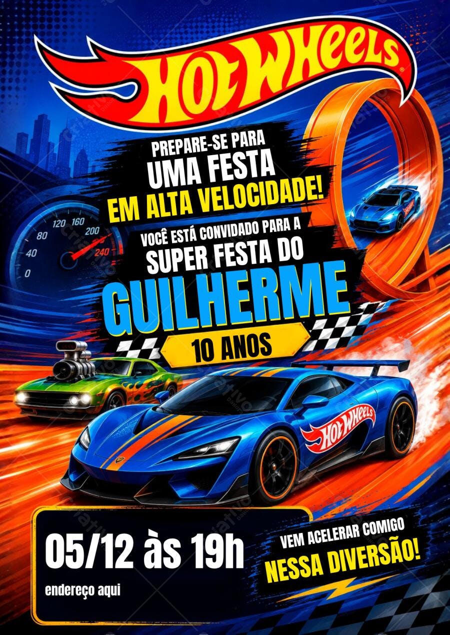 Convite Aniversário Hot Wheels 10 Anos Editável