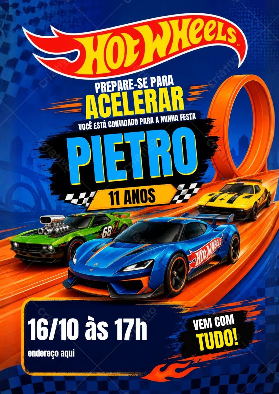 Convite Aniversário Hot Wheels 11 Anos Editável Digital