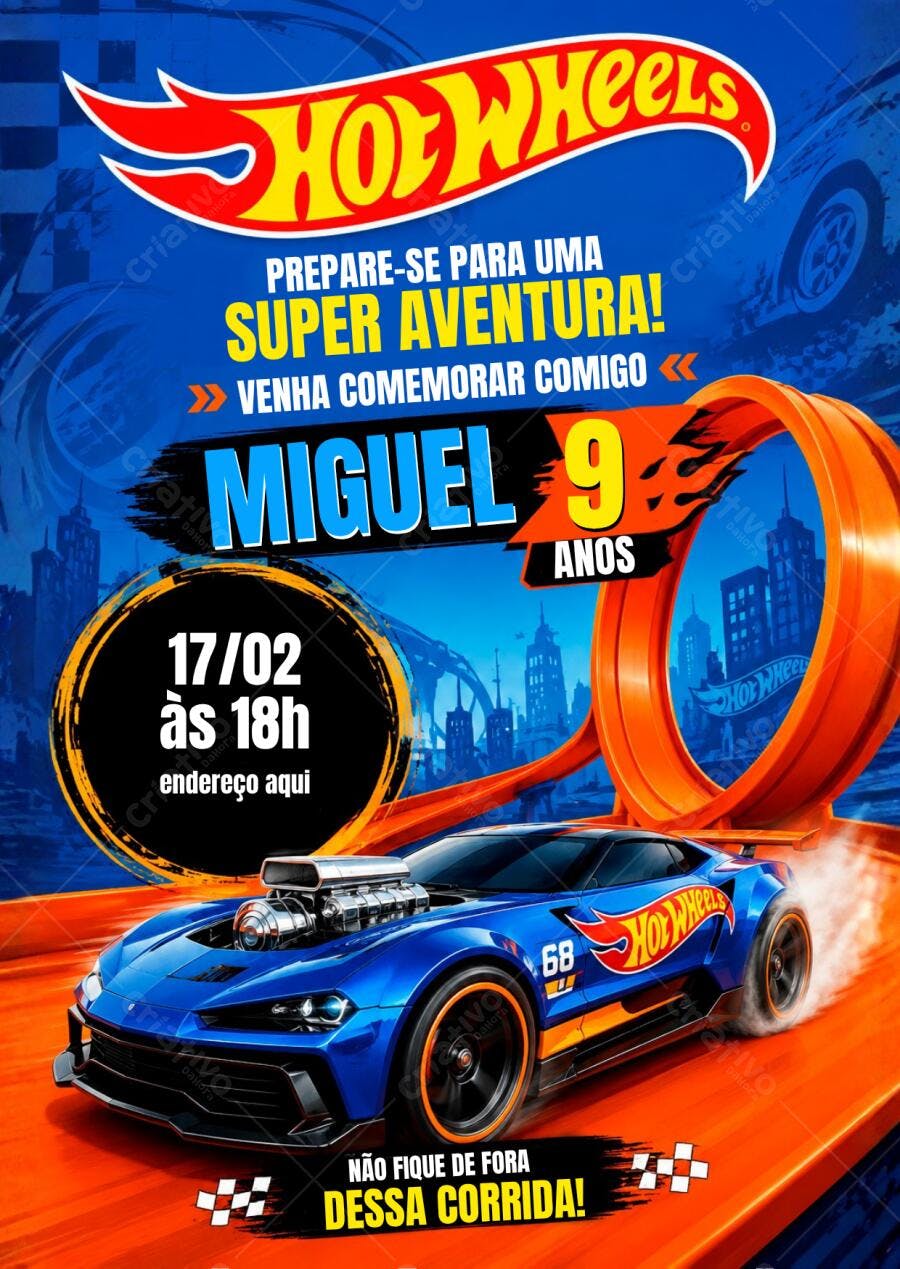 Convite Aniversário Hot Wheels 9 Anos Editável