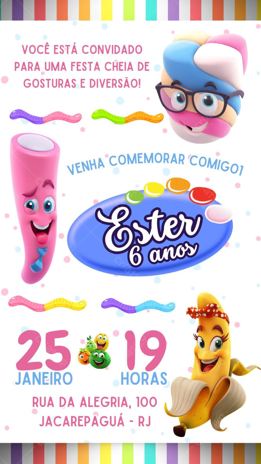 Convite Aniversário Infantil Guloseimas Doces 6 Anos Editável