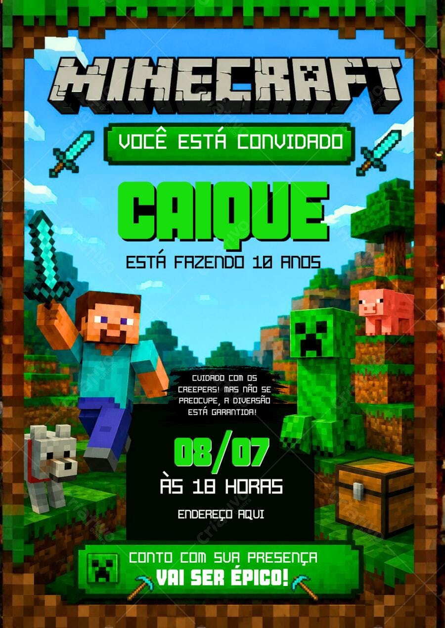 Convite Aniversário Minecraft 10 Anos Editável Digital