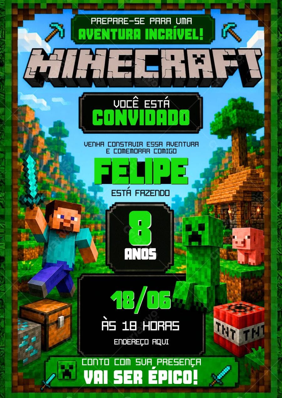 Convite Aniversário Minecraft 8 Anos Editável