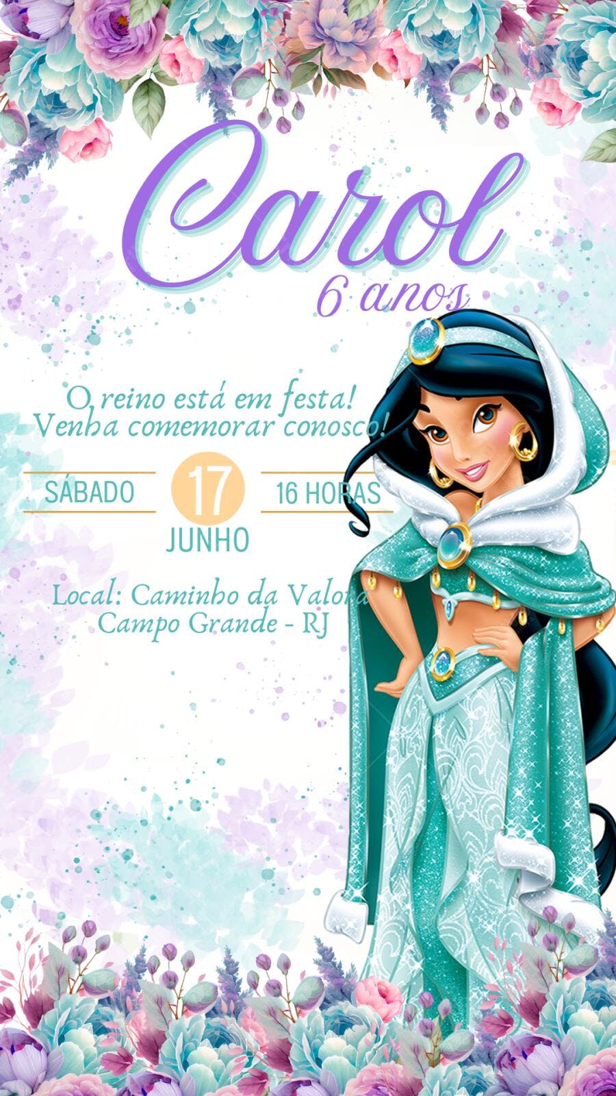 Convite Aniversário Princesa Jasmine 6 Anos Editável