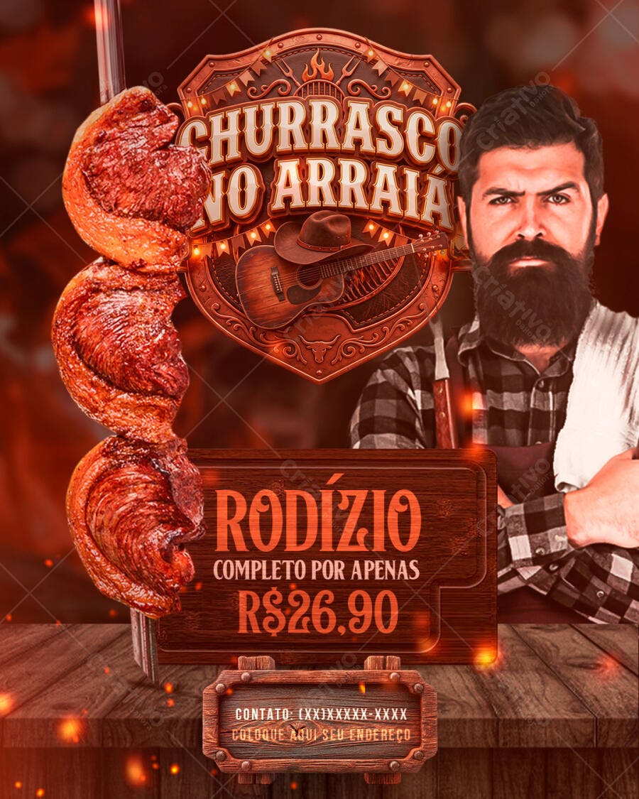 Flyer Churrasco no Arraial Rodízio Festa Junina PSD Editável