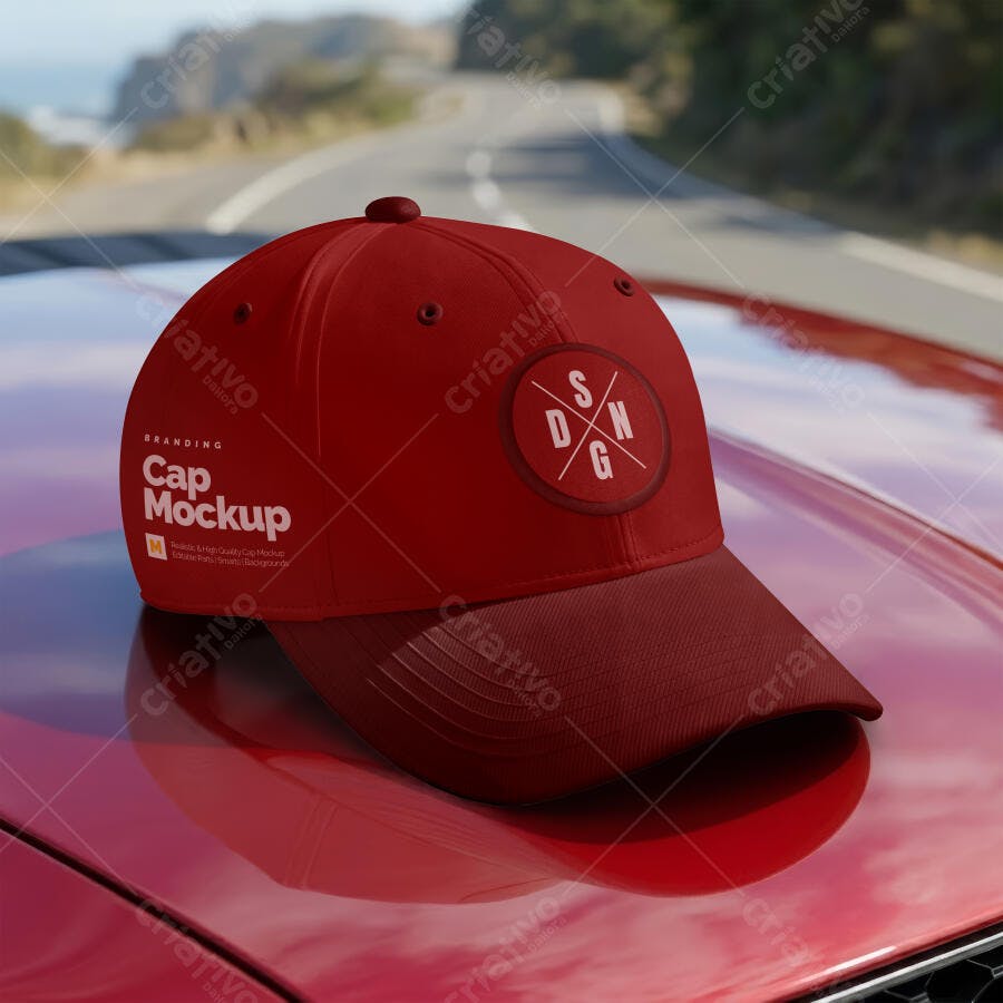 Mockup Boné Vermelho Carro Estrada Realista Editável