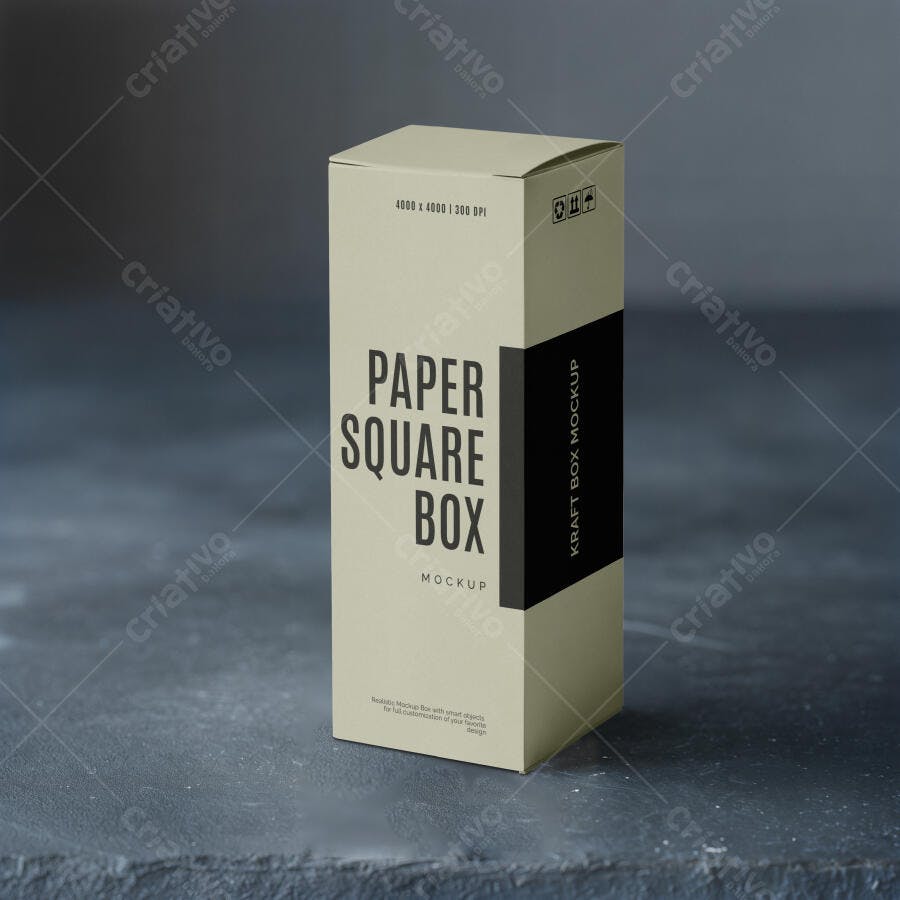 Mockup Caixa Quadrada Papel Kraft 3/4 Fundo Escuro Editável