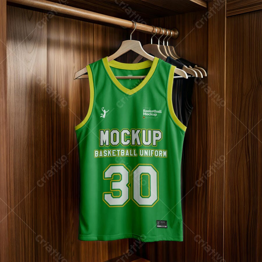 Mockup Camisa Basquete Verde Frontal Guarda-Roupa Editável