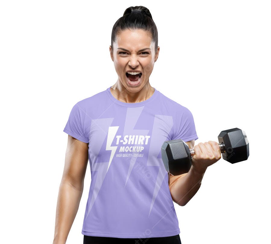 Mockup Camiseta Feminina Fitness Haltere Fundo Branco Editável