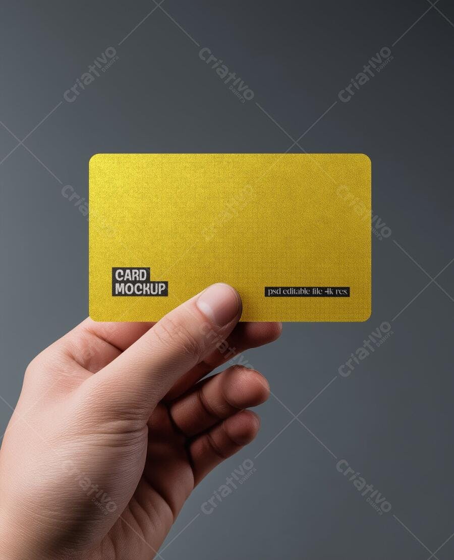 Mockup Cartão Dourado Mãos Segurando Fundo Cinza Editável