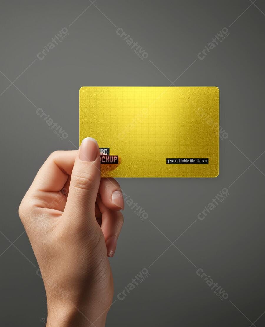 Mockup Cartão Dourado Mãos Segurando Fundo Escuro Editável