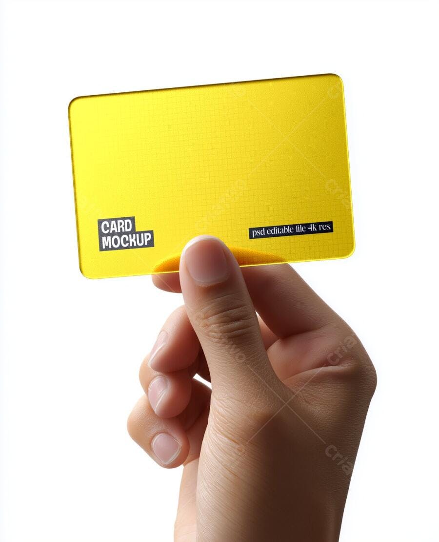 Mockup Cartão Plástico Amarelo Mãos Segurando Editável