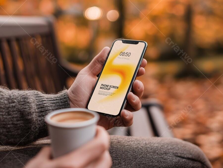 Mockup Celular Mãos Segurando Café Outono Editável