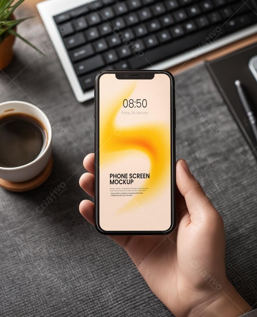 Mockup Celular Mãos Segurando Tela Fundo Escritório Editável