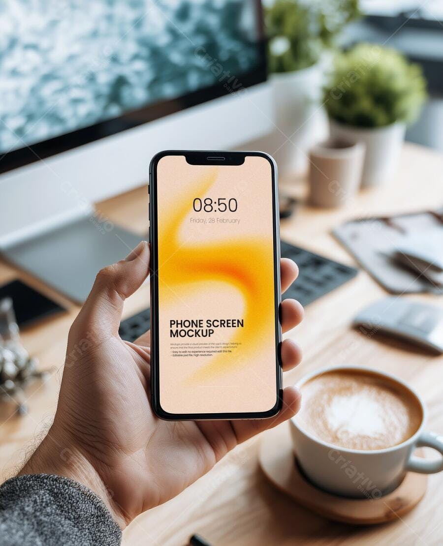Mockup Celular Mãos Segurando Tela Fundo Escritório Editável