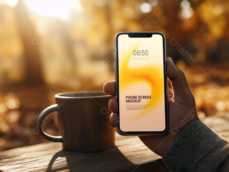 Mockup Celular Mãos Segurando Tela Outono Editável