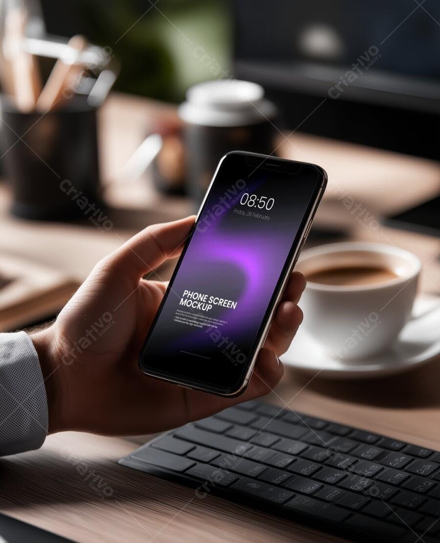 Mockup Celular Mãos Segurando Tela Roxa Mesa Escritório Editável