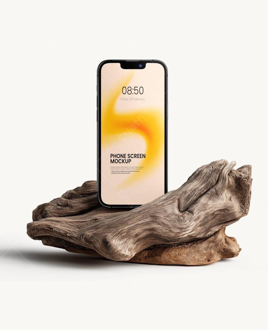 Mockup Celular Moderno Frontal Tronco Madeira Editável