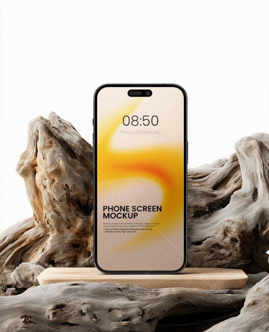 Mockup Celular Moderno Tela Frontal Troncos Madeira Editável