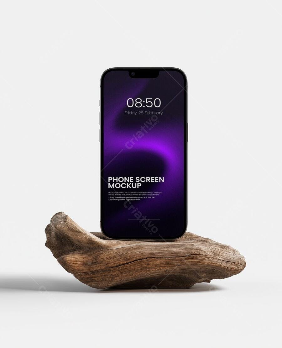 Mockup Celular Smartphone Frontal Base Madeira Editável