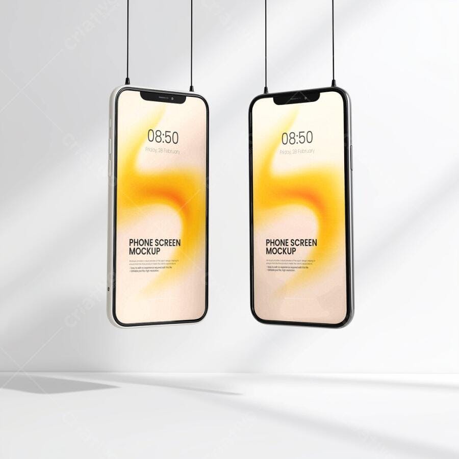 Mockup Celular Suspenso Tela Frontal Fundo Branco Editável