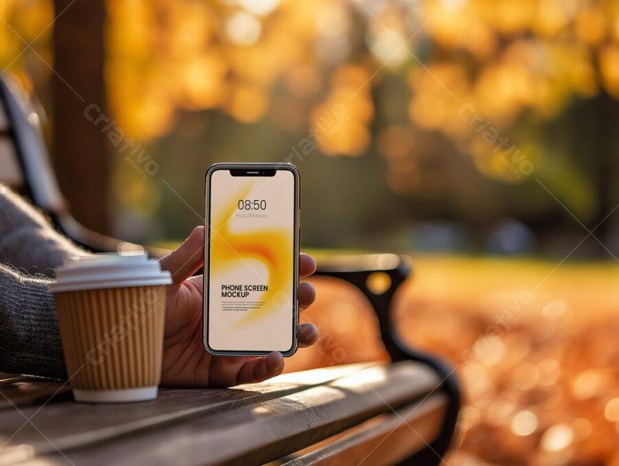 Mockup iPhone Mãos Segurando Fundo Outono Editável