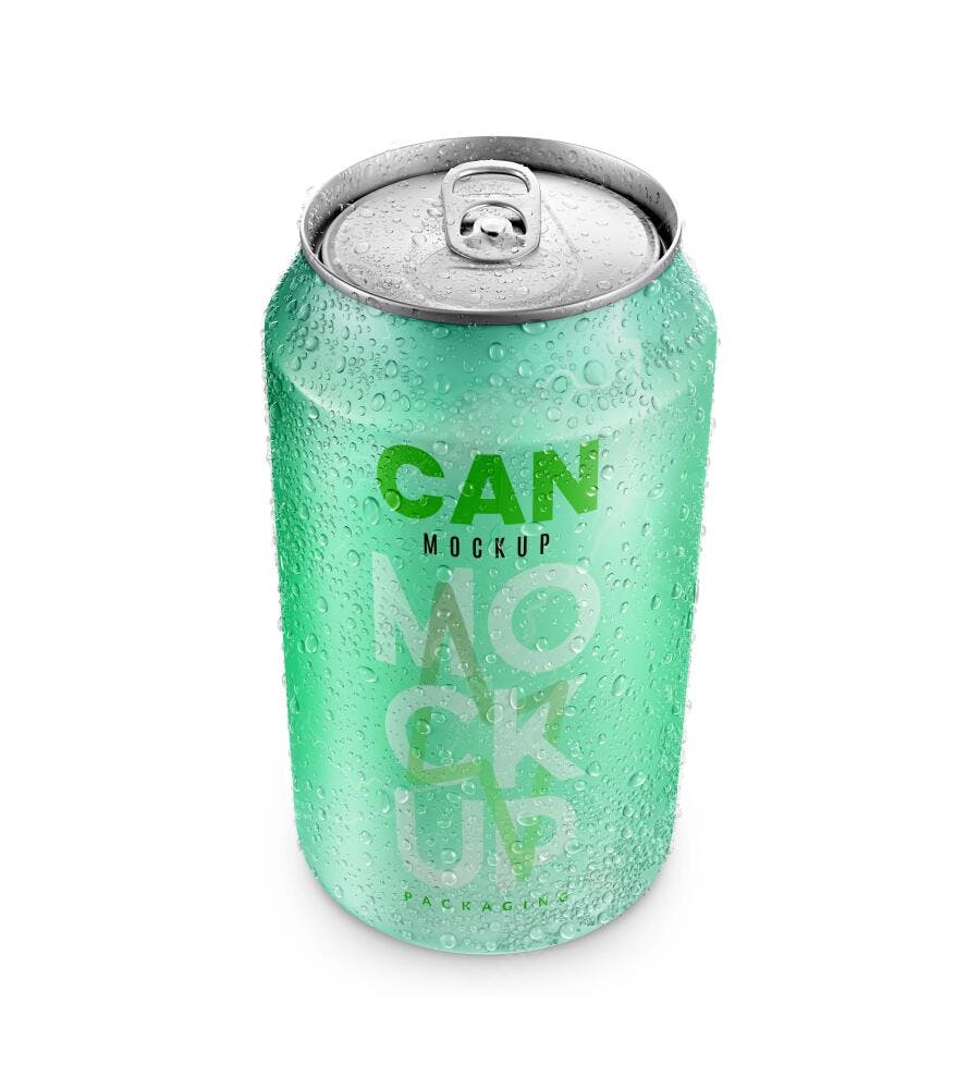 Mockup Lata Alumínio Refrigerante Gotas Água Fundo Branco Editável