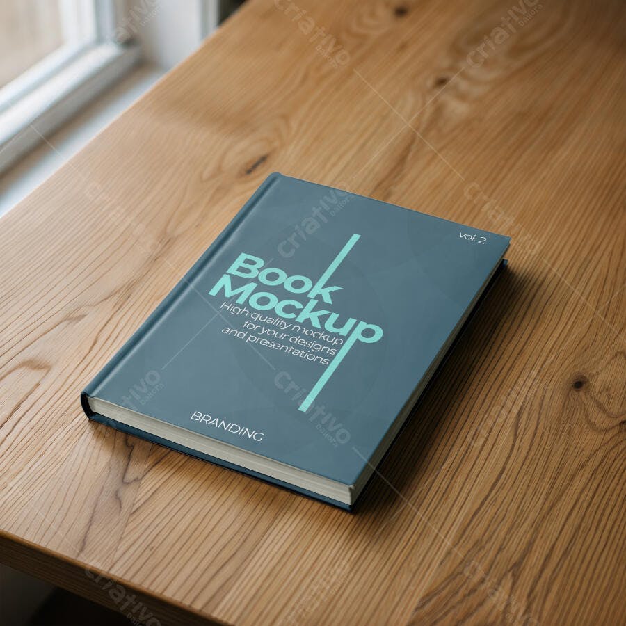 Mockup Livro Capa Dura Mesa Madeira 3/4 Editável