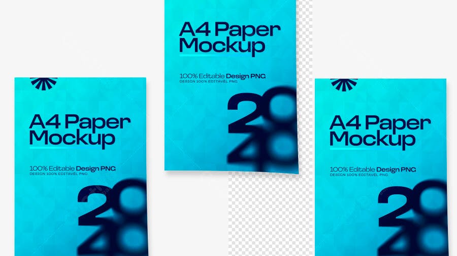 Mockup Papel A4 Flutuante Fundo Transparente Editável