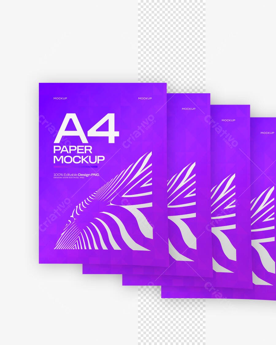 Mockup Papel A4 Roxo Empilhado Perspectiva Editável