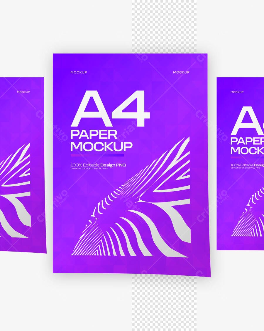 Mockup Papel A4 Roxo Frontal Fundo Branco Editável