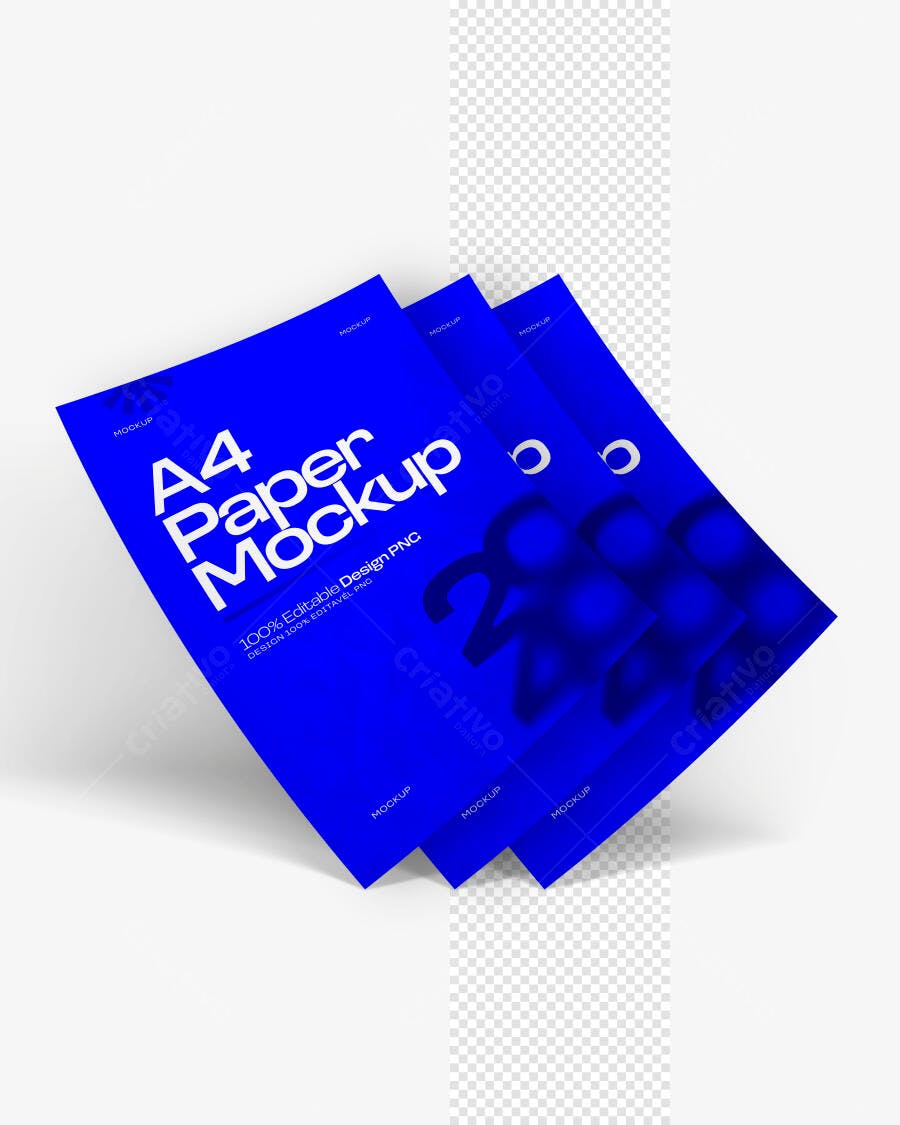Mockup Papel A4 Três Folhas Fundo Branco Editável