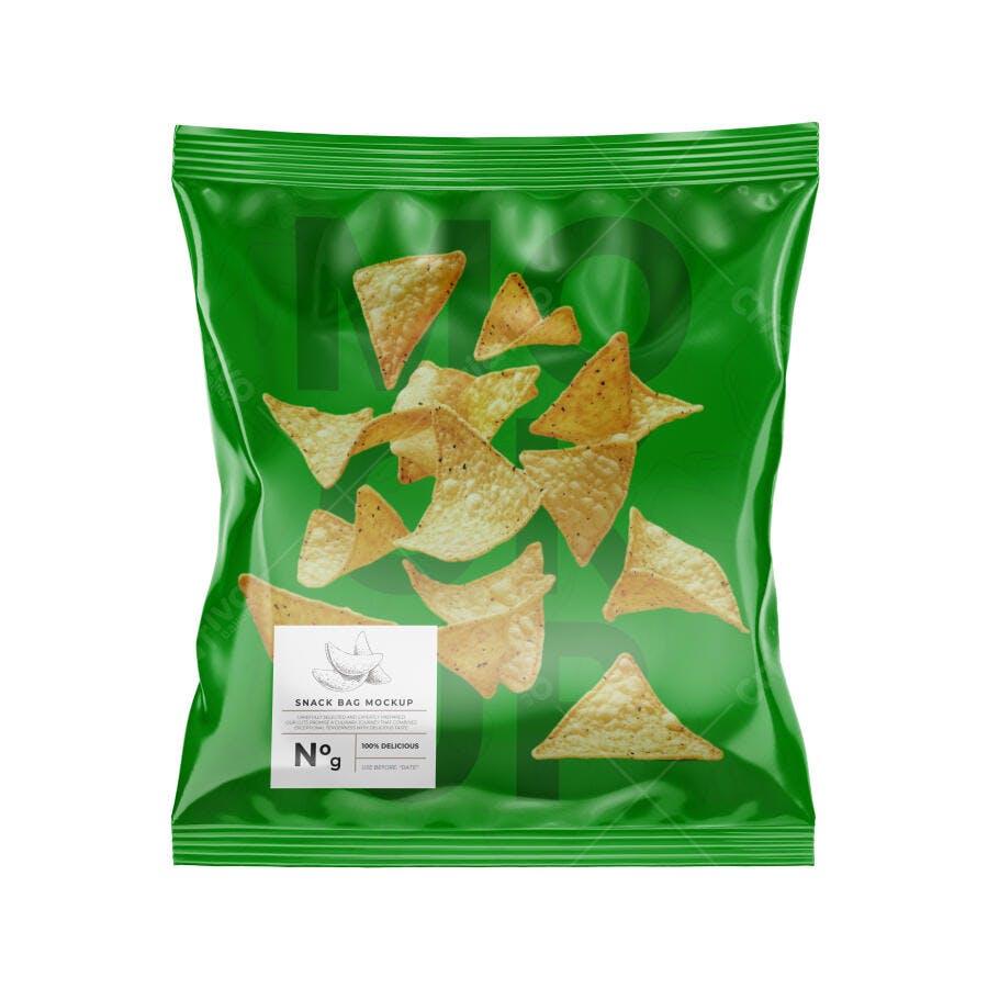 Mockup Realista Embalagem Salgadinho Plástico Verde Editável