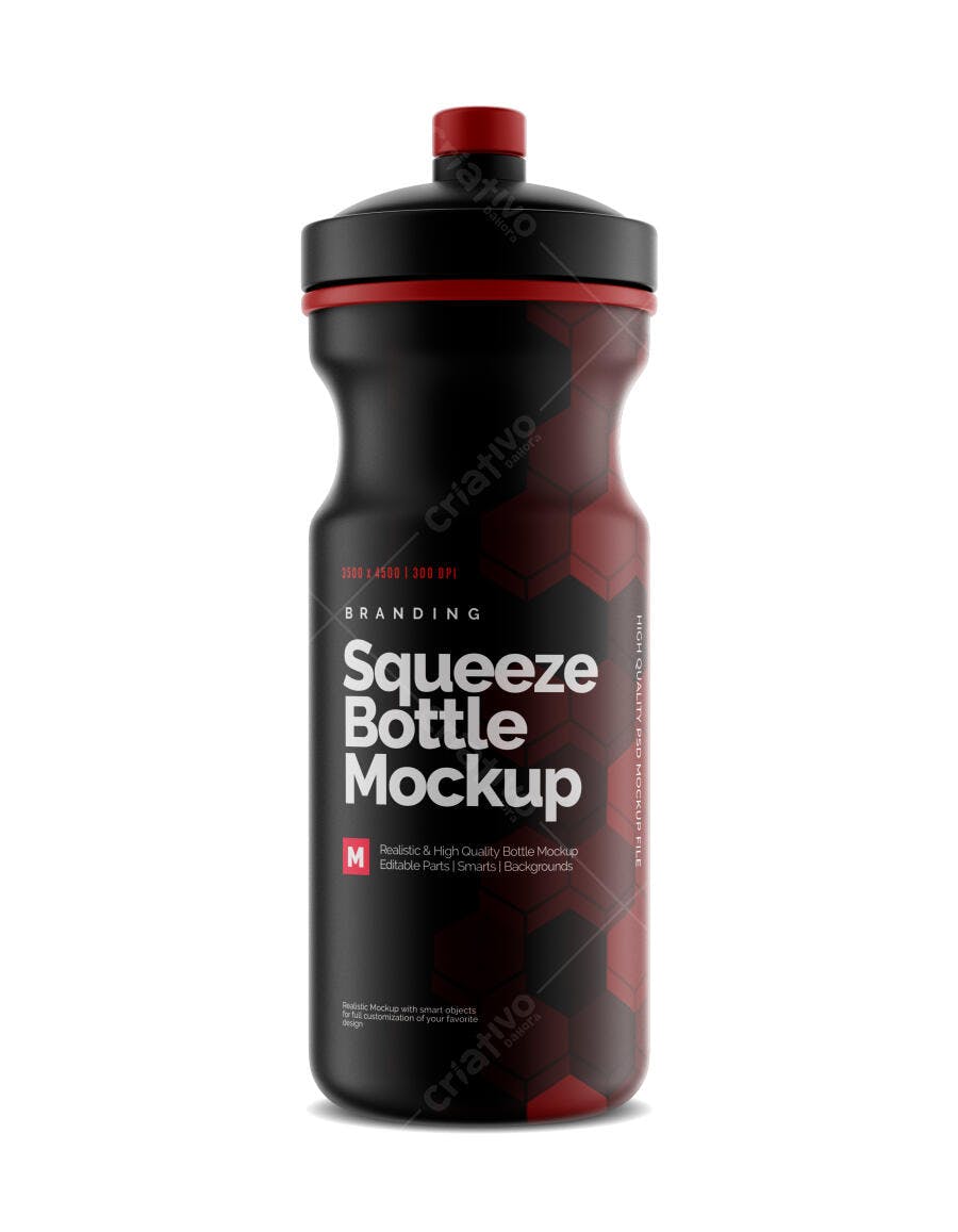 Mockup Squeeze Garrafa Fitness Preta Frontal Editável