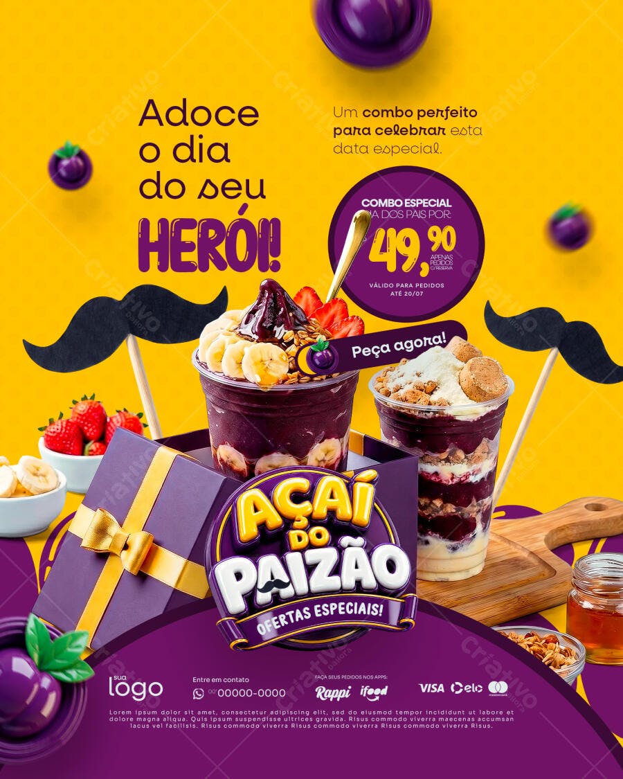 Post Instagram Dia dos Pais Açaí Sorveteria PSD Editável