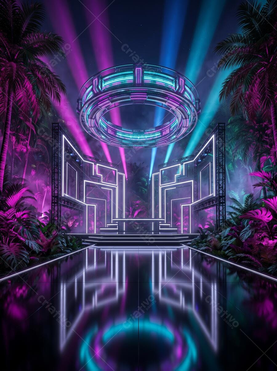 Cenário Neon Futurista com Palmeiras e Luzes Roxas Azuis