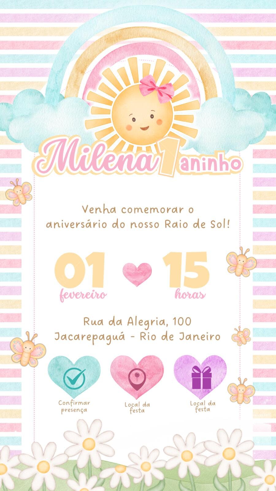 Convite Aniversário Infantil Sol Arco-Íris 1 Aninho Editável