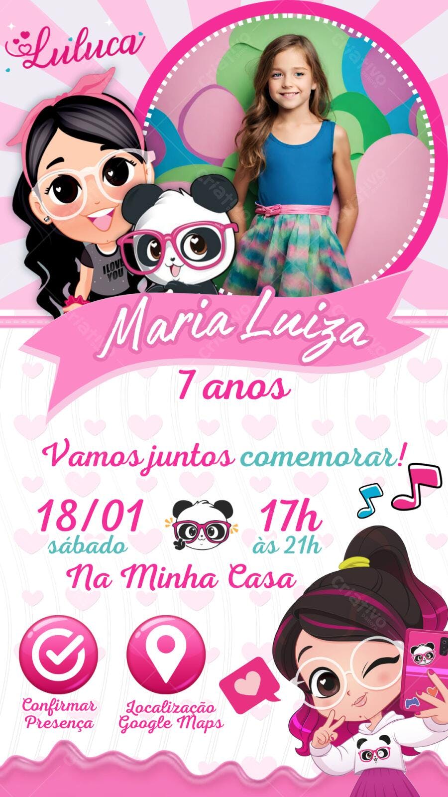 Convite Aniversário Luluca 7 Anos Digital Editável