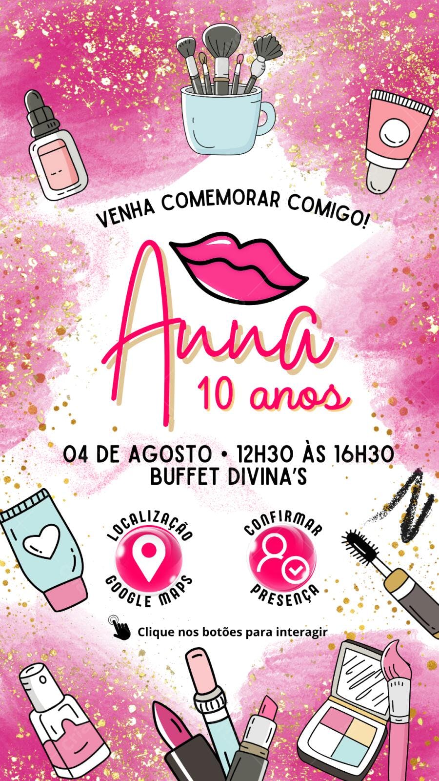 Convite Aniversário Maquiagem 10 Anos Rosa Glitter Editável