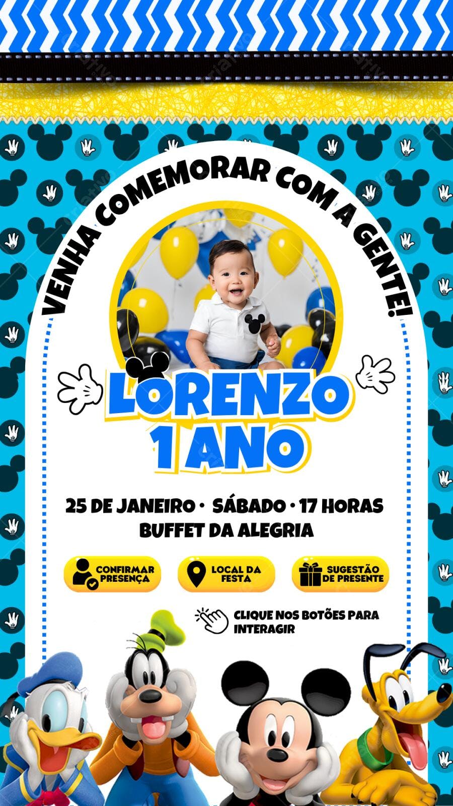 Convite Aniversário Mickey e Amigos 1 Ano Editável