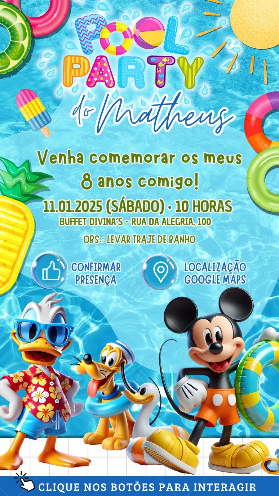 Convite Aniversário Mickey e Amigos Pool Party 8 Anos Editável