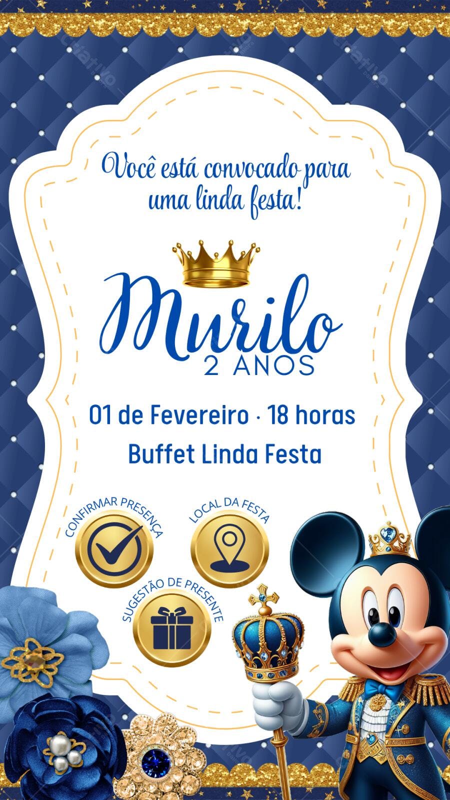 Convite Aniversário Mickey Realeza 2 Anos Azul Dourado Editável