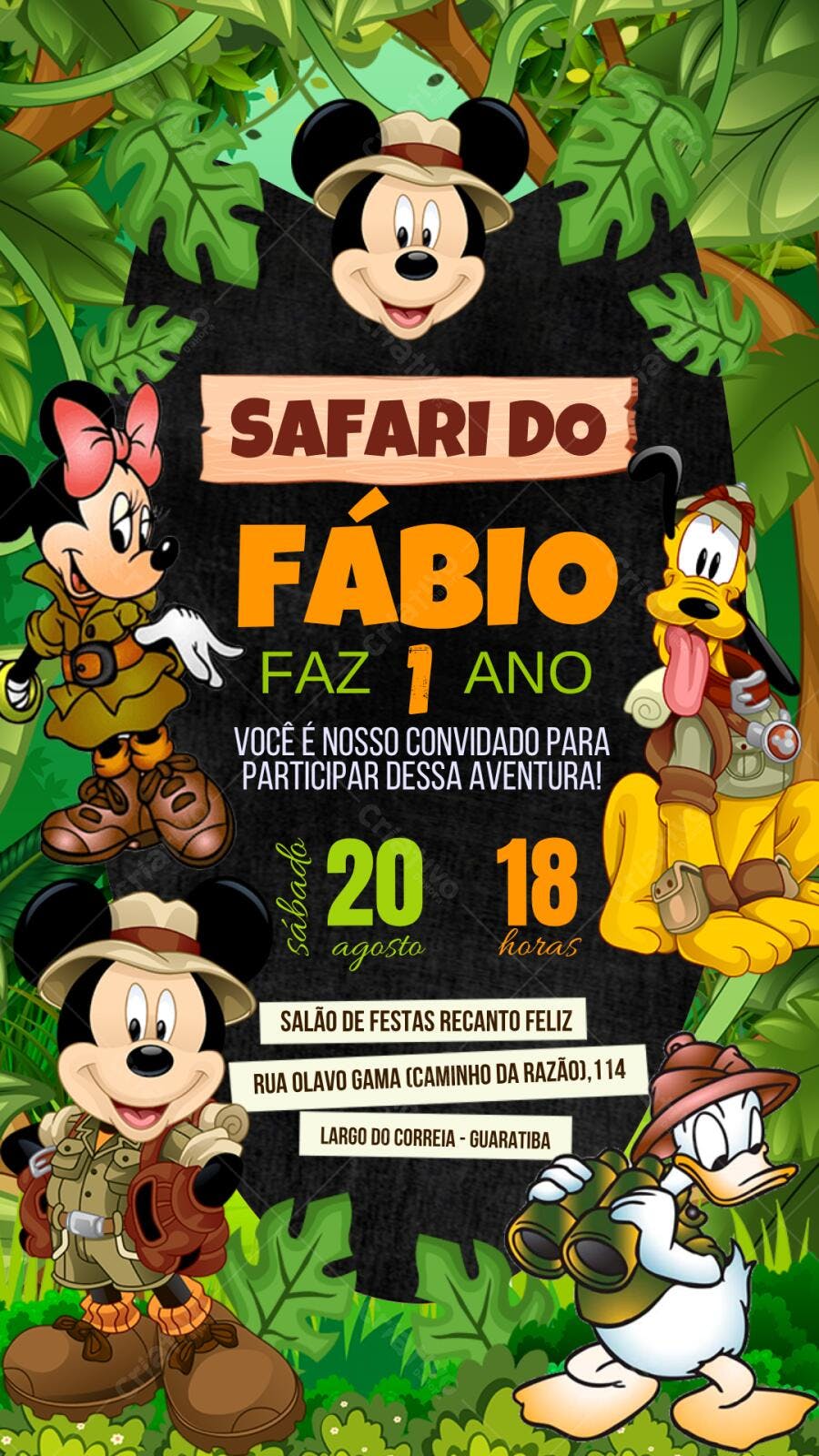 Convite Aniversário Mickey Safari 1 Ano Editável