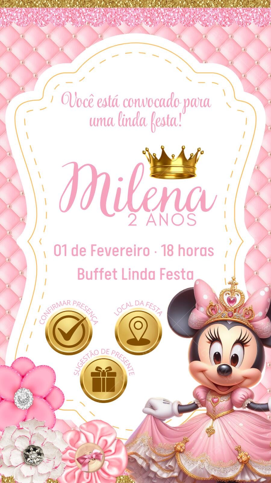 Convite Aniversário Minnie Princesa Rosa 2 Anos Editável