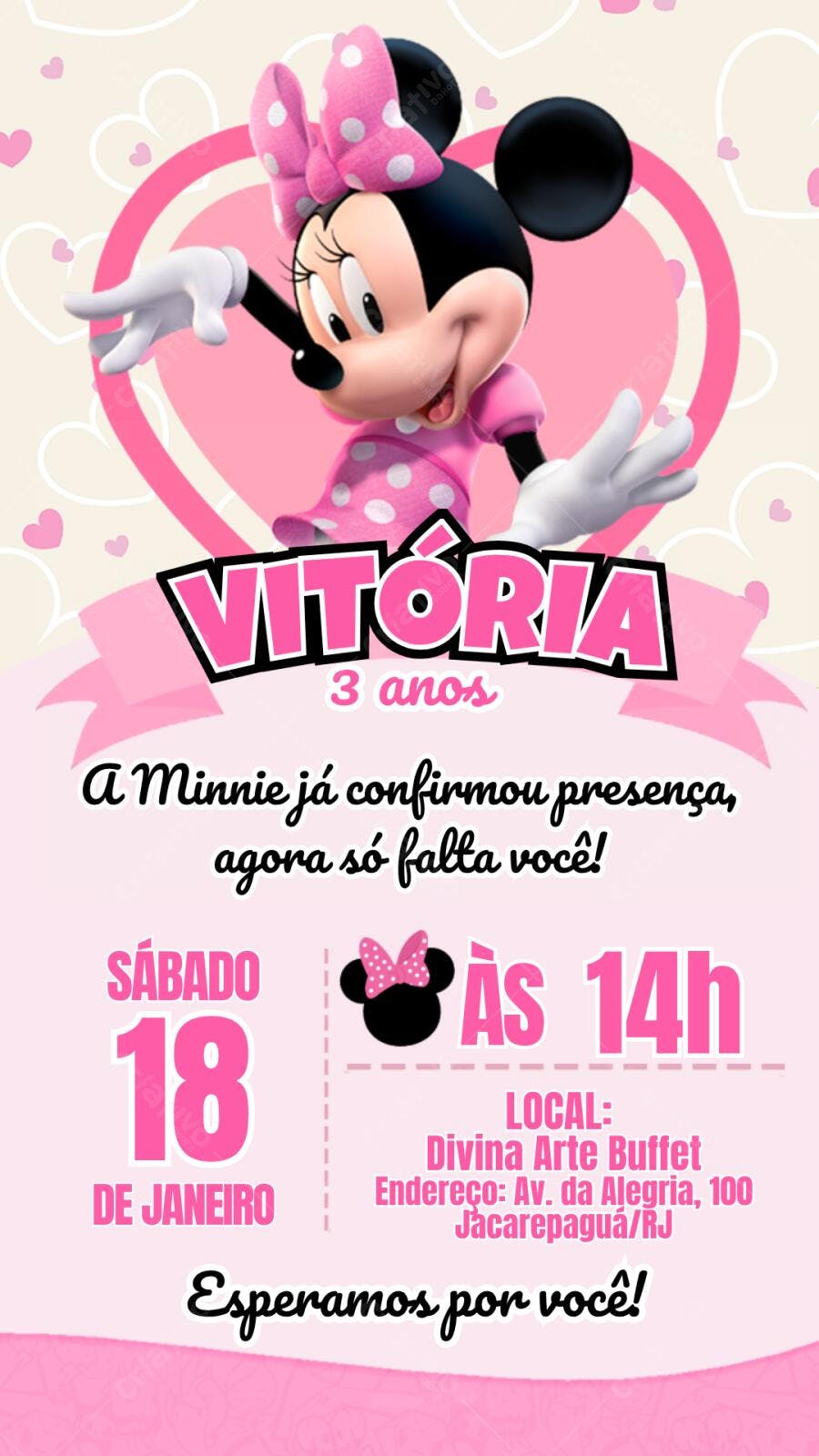 Convite Aniversário Minnie Rosa 3 Anos Editável