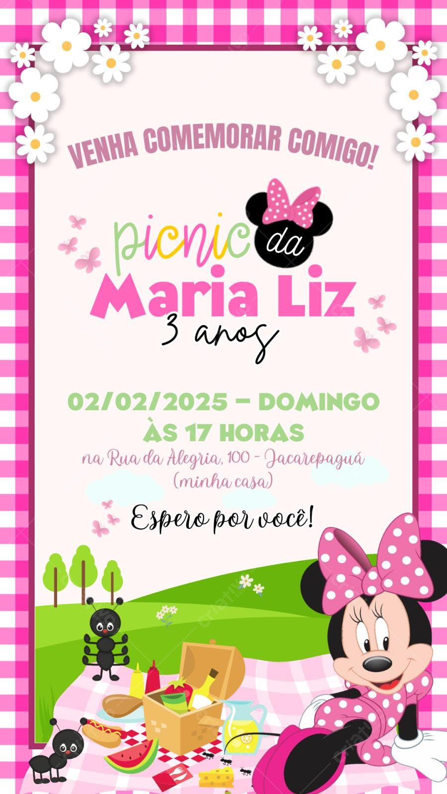 Convite Aniversário Minnie Rosa Picnic 3 Anos Editável