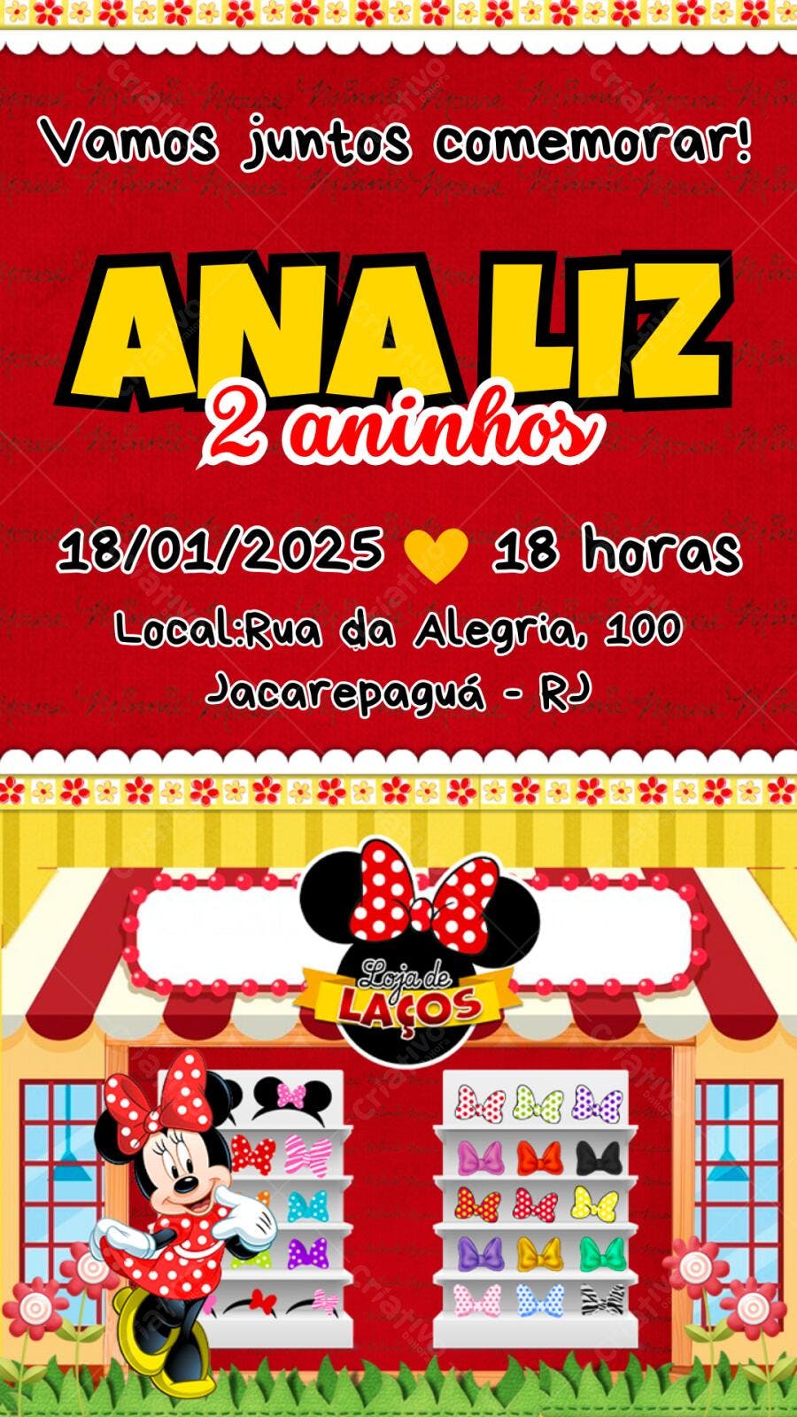 Convite Aniversário Minnie Vermelha 2 Anos Editável
