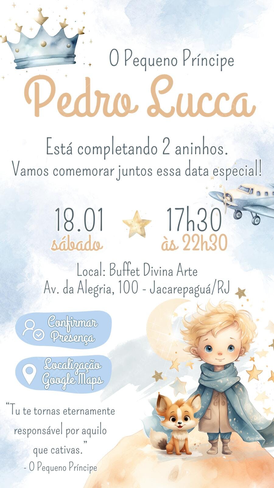 Convite Aniversário O Pequeno Príncipe 2 Anos Editável