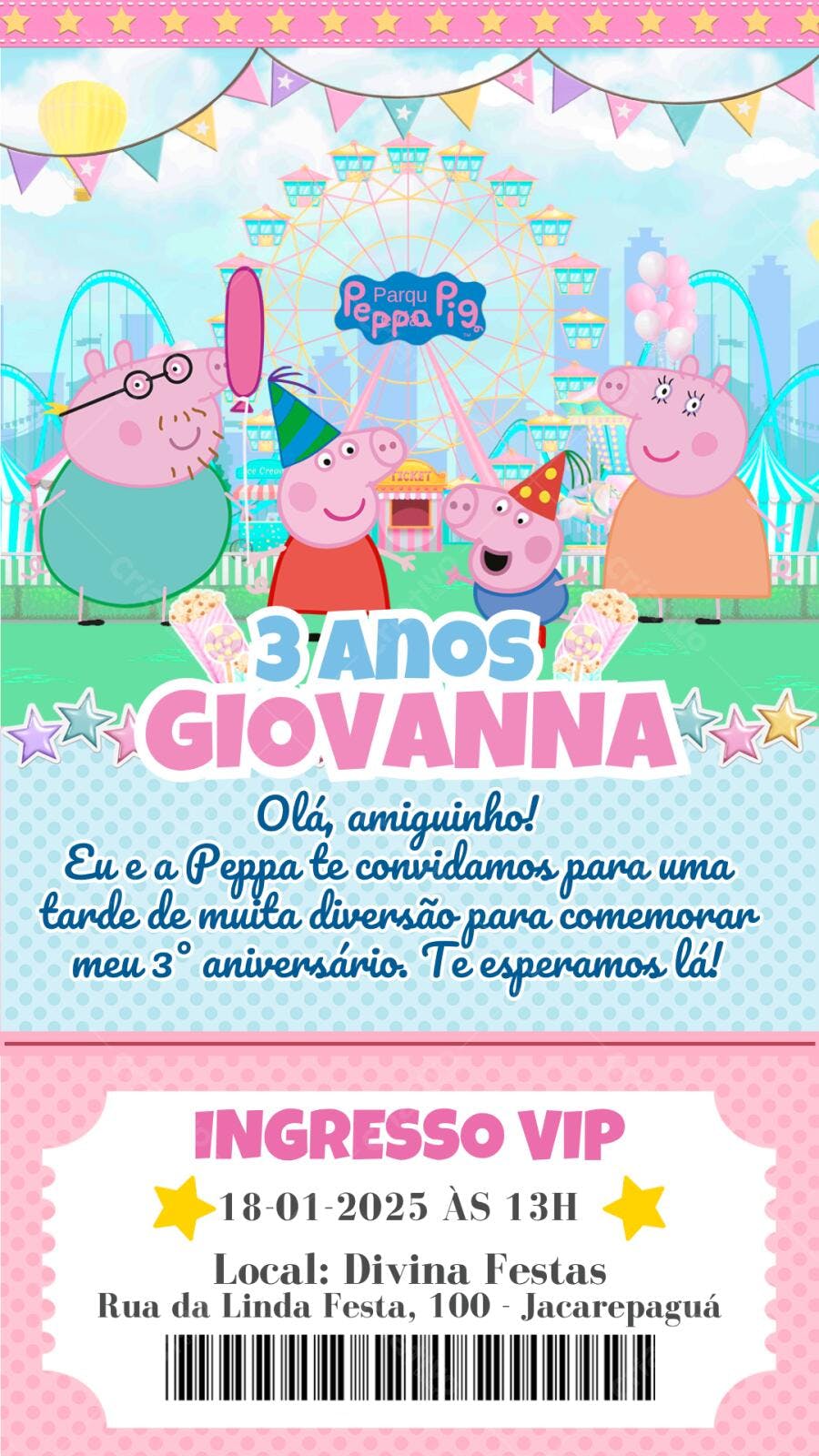 Convite Aniversário Peppa Pig Parque de Diversões 3 Anos Editável
