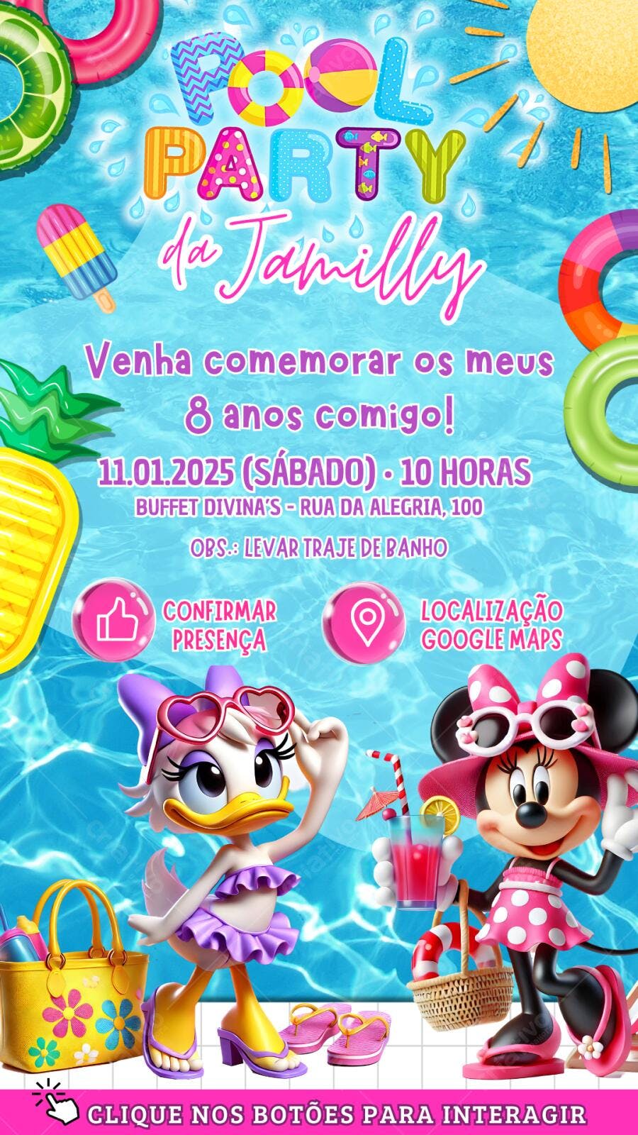 Convite Aniversário Pool Party Minnie Margarida 8 Anos Editável