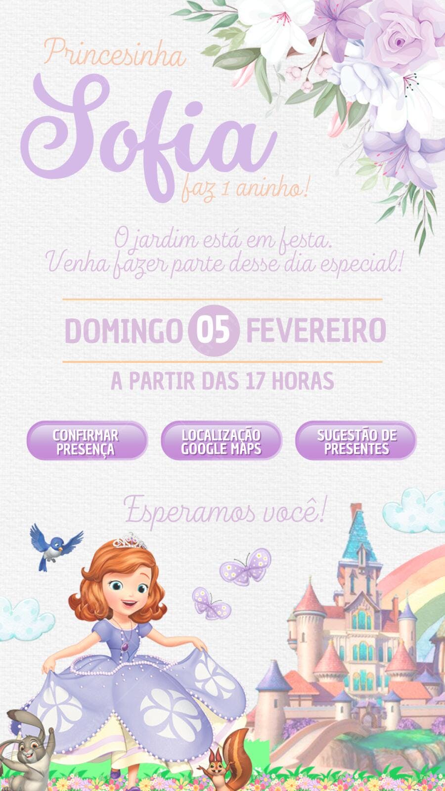Convite Aniversário Princesinha Sofia 1 Aninho Editável